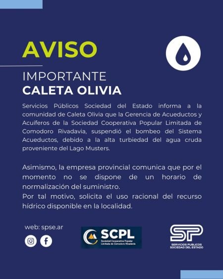 noticiaspuertosantacruz.com.ar - Imagen extraida de: https://noticias.santacruz.gob.ar/gestion/entes-provinciales/servicios-publicos/item/31098-interrupcion-en-el-suministro-de-agua-en-caleta-olivia-por-alta-turbiedad